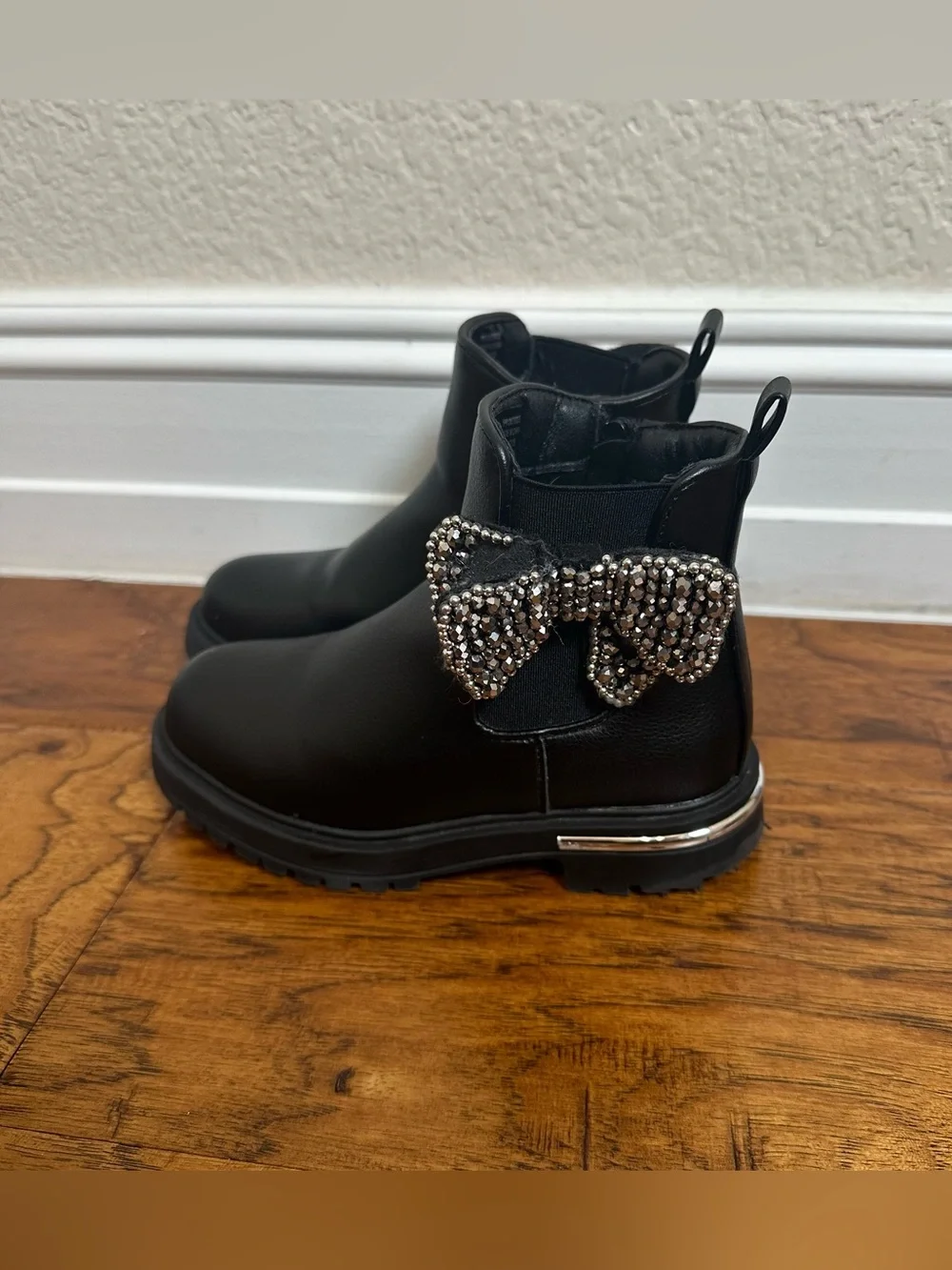 MIA Girls Black Ankle Boots Size 12M Rhinestone Bow Side Zip